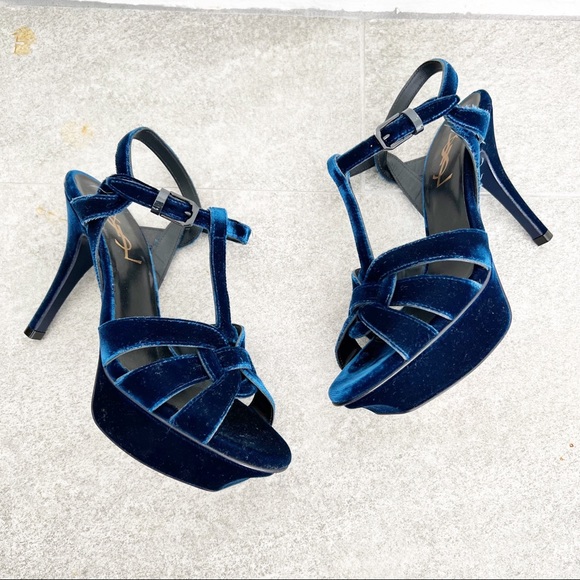 YSL Yves Saint Laurent Tribute 75 Heel Sandal in Bluette Blue Velvet 35.5 - Picture 5 of 10